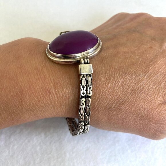 Sterling Silver 925 Purple Stone Dyed Howlite Chunky Byzantine Chain Bracelet - Picture 12 of 16